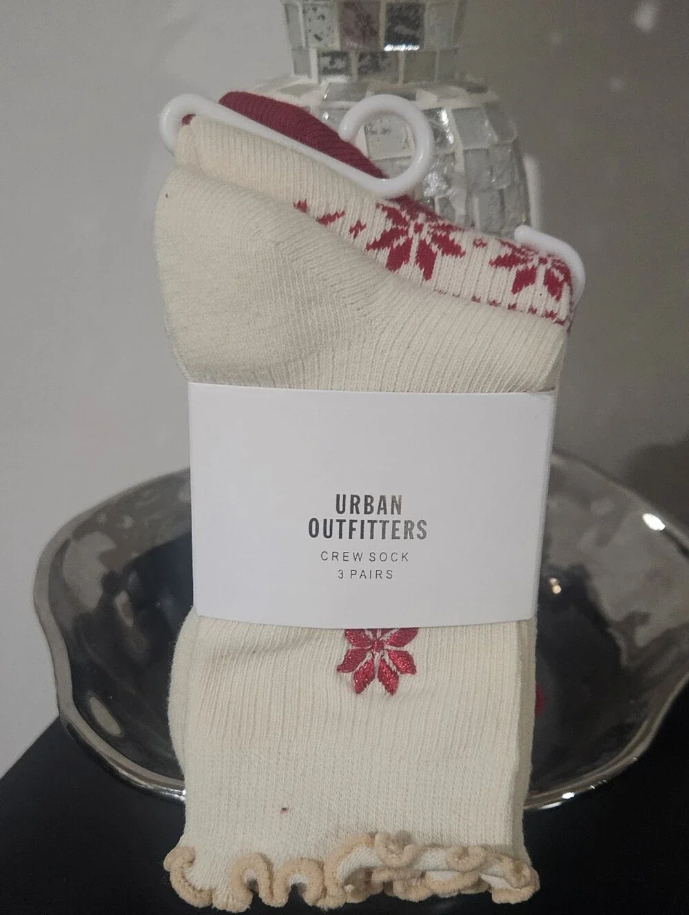 Urban Outfitters Cream Socks with Red Floral Detail - 3 Pack, NWT